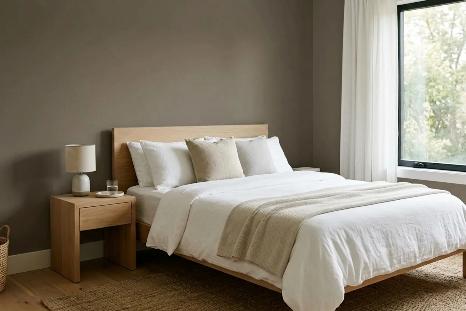 Asian Paints Stone Creek 8461 on the walls of a bedroom — AI-assisted visualization