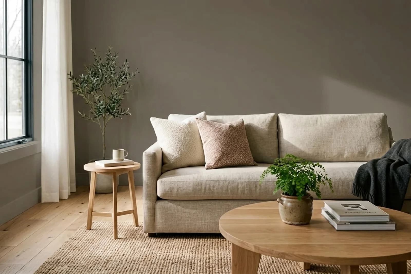 Asian Paints Stone Creek 8461 on the walls of a living room — AI-assisted visualization