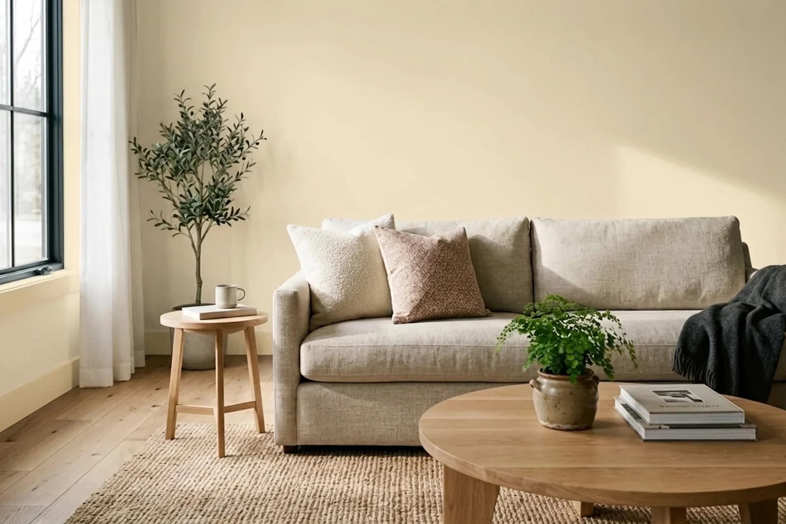 Asian Paints Garlic Pod 8524 on the walls of a living room — AI-assisted visualization