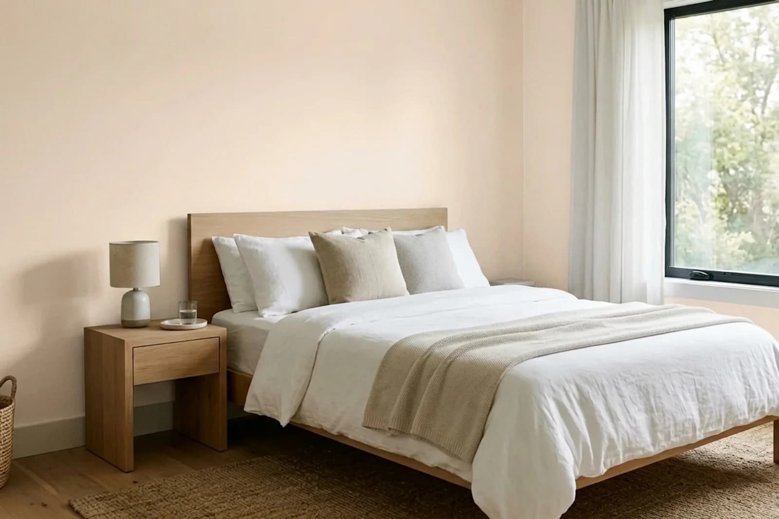 Asian Paints White Clay 8620 on the walls of a bedroom — AI-assisted visualization