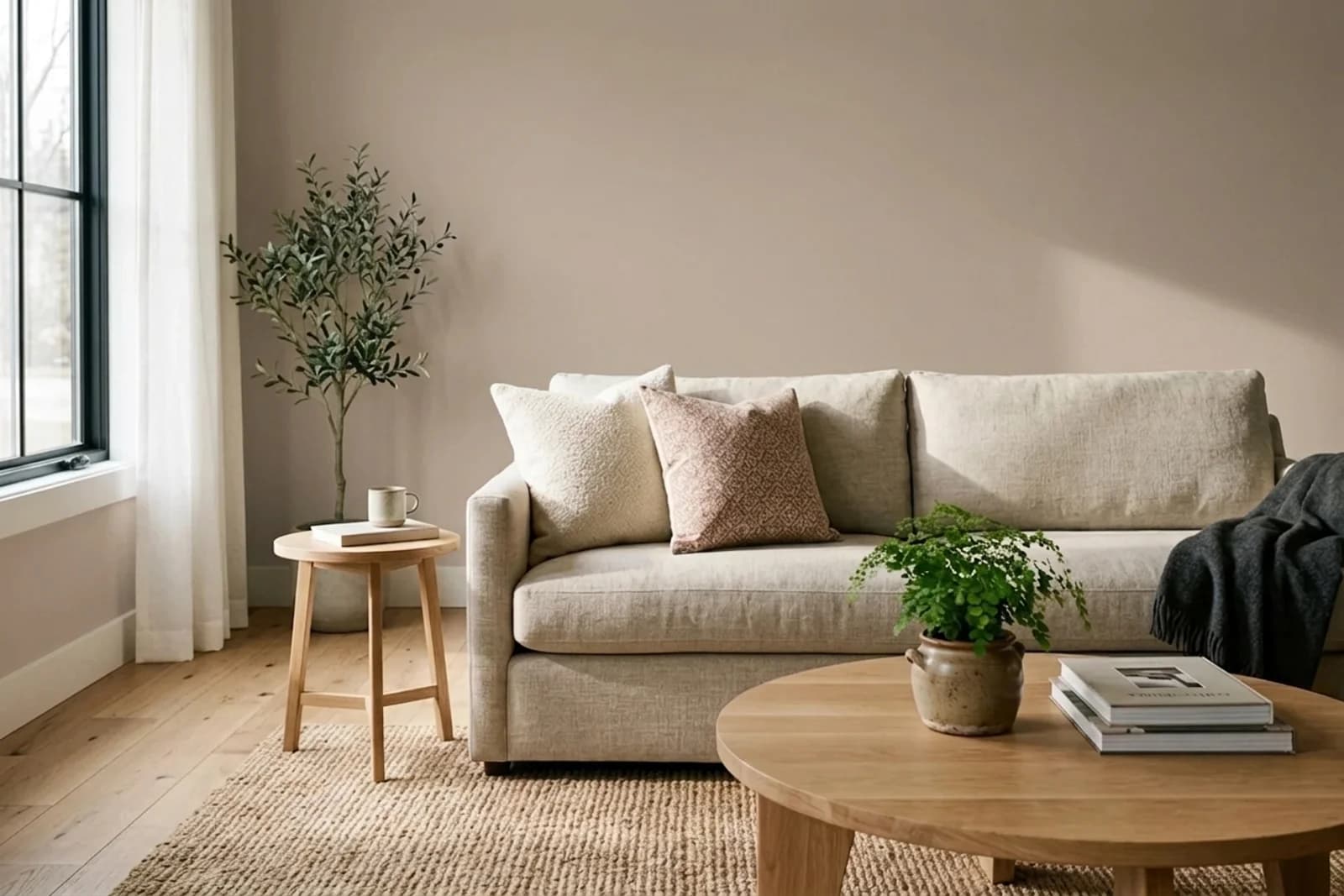 Asian Paints Beige Rage 8770 on the walls of a living room — AI-assisted visualization