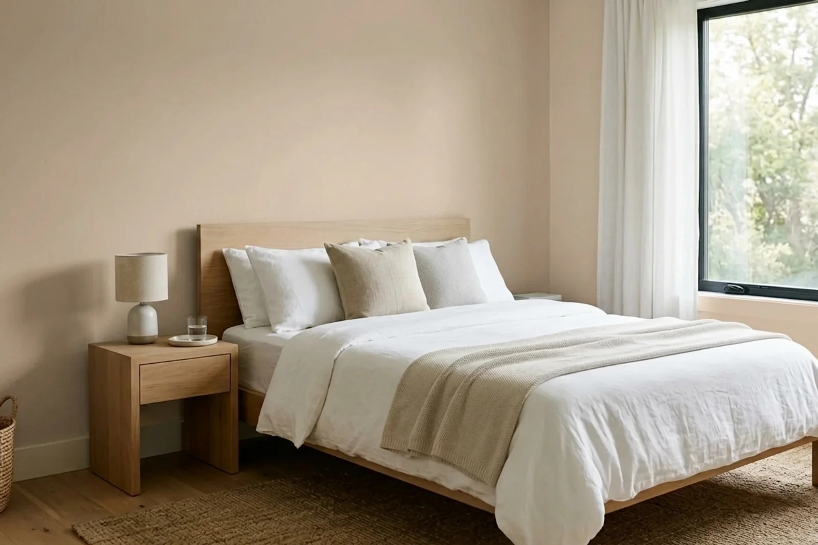 Asian Paints Walnut Cream 8778 on the walls of a bedroom — AI-assisted visualization