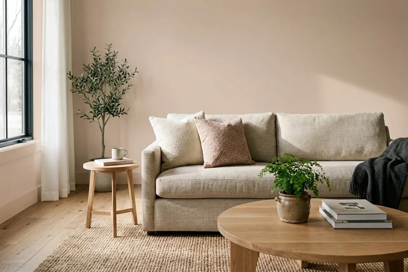 Asian Paints Walnut Cream 8778 on the walls of a living room — AI-assisted visualization