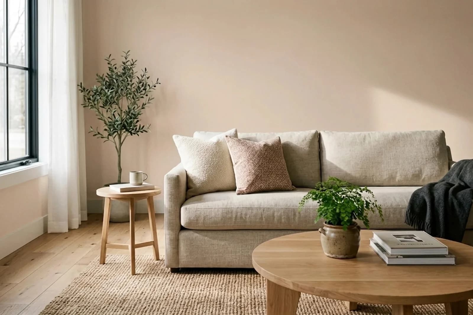 Asian Paints Desert Dreams 8779 on the walls of a living room — AI-assisted visualization