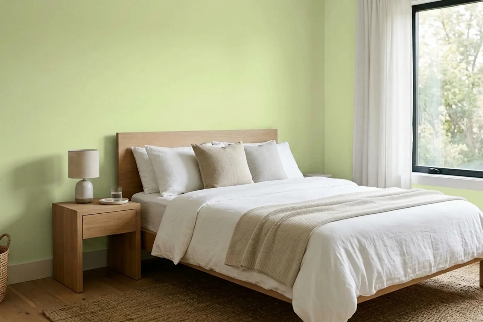 Asian Paints Cucumber Cooler-n 9779 on the walls of a bedroom — AI-assisted visualization