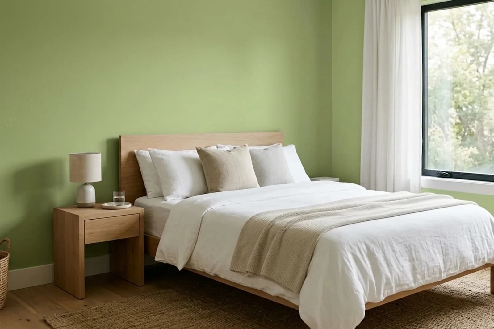 Asian Paints Green Elaichi-n 9780 on the walls of a bedroom — AI-assisted visualization
