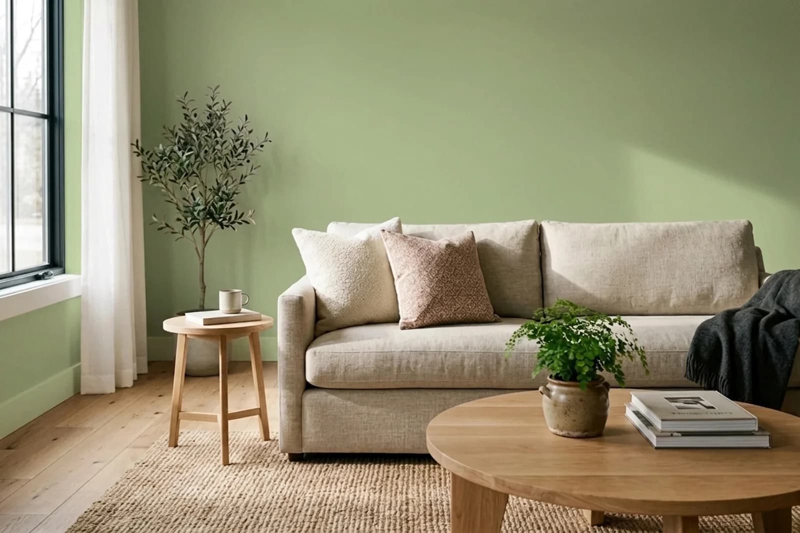 Asian Paints Green Elaichi-n 9780 on the walls of a living room — AI-assisted visualization