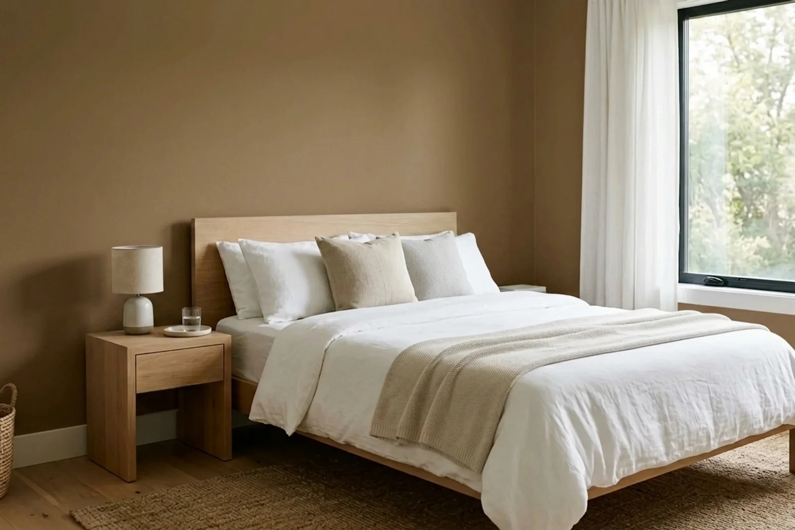 Asian Paints Dark Almond-n 9883 on the walls of a bedroom — AI-assisted visualization