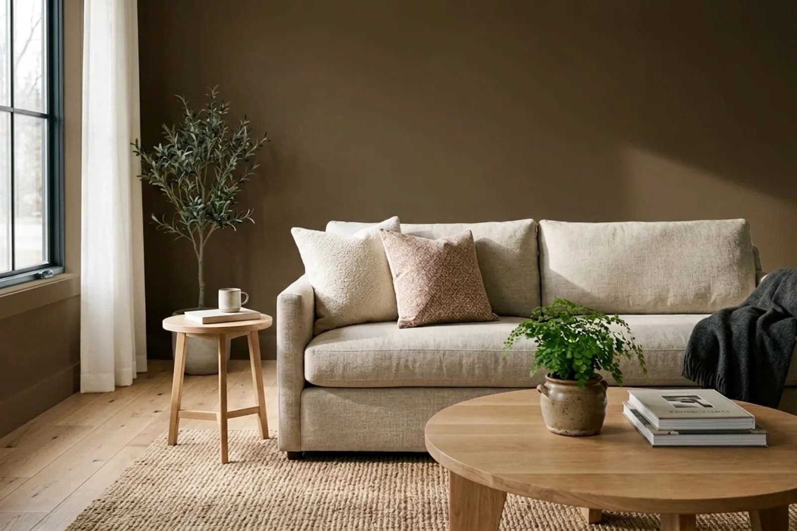 Asian Paints Dark Almond-n 9883 on the walls of a living room — AI-assisted visualization