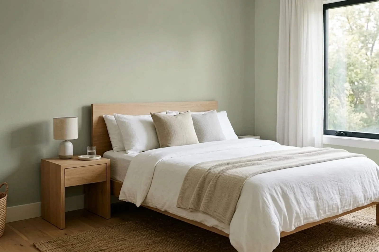 Asian Paints Ethereal Sage-n K158 on the walls of a bedroom — AI-assisted visualization