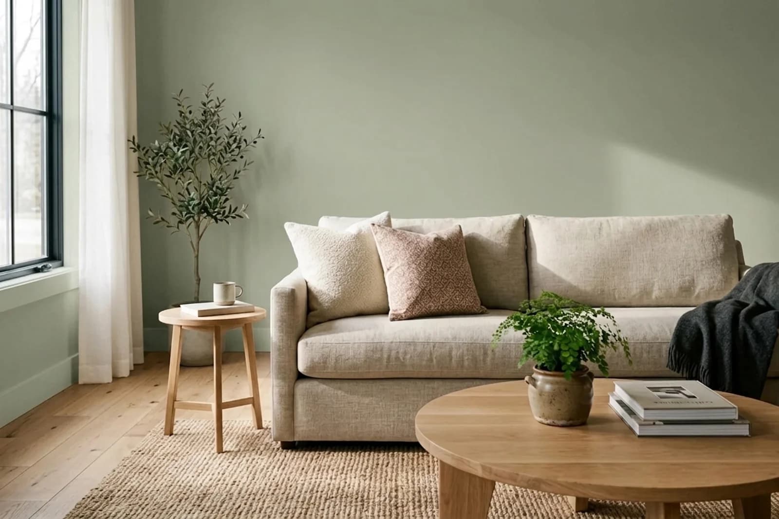 Asian Paints Ethereal Sage-n K158 on the walls of a living room — AI-assisted visualization