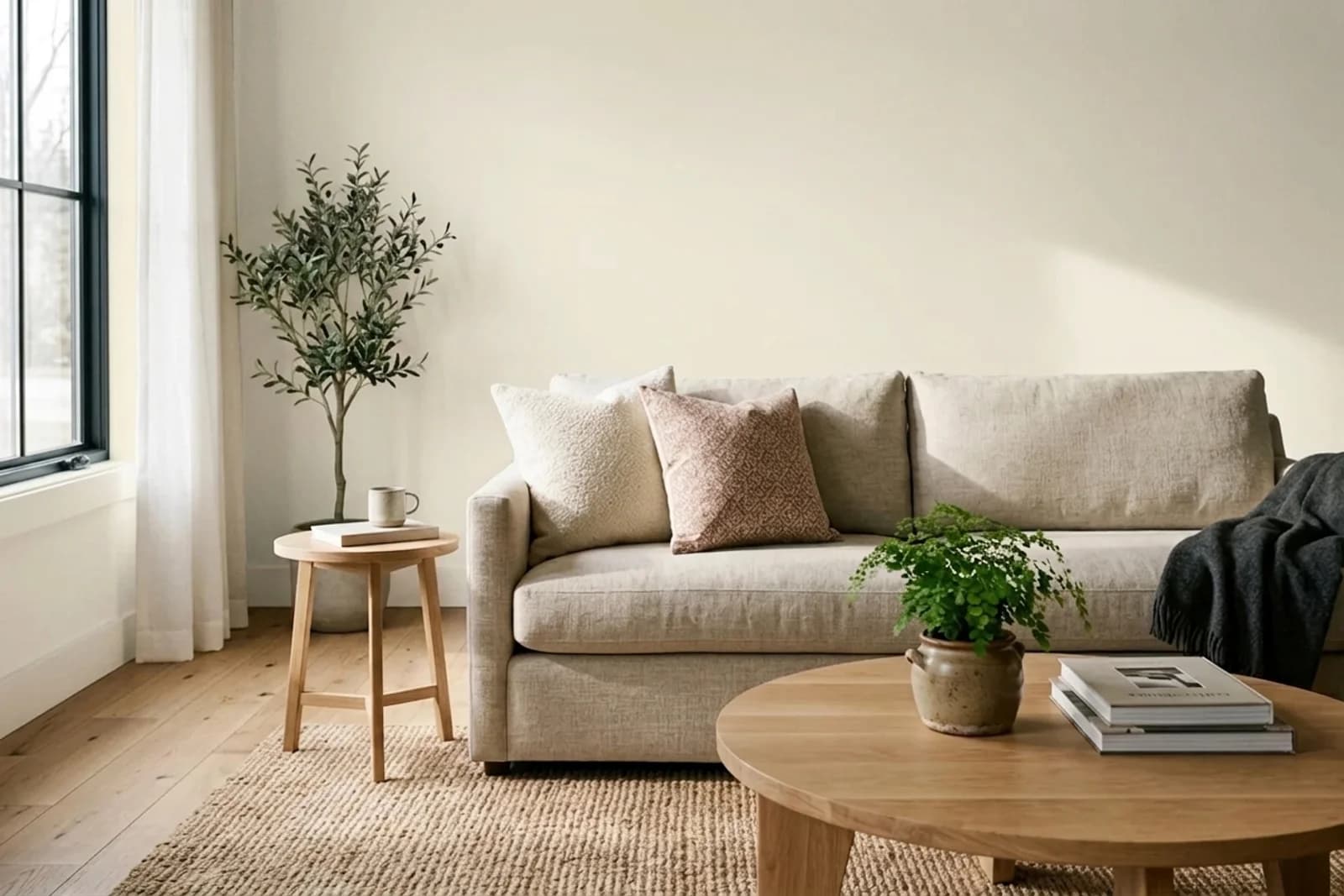 Asian Paints Pure Ivory L124 on the walls of a living room — AI-assisted visualization