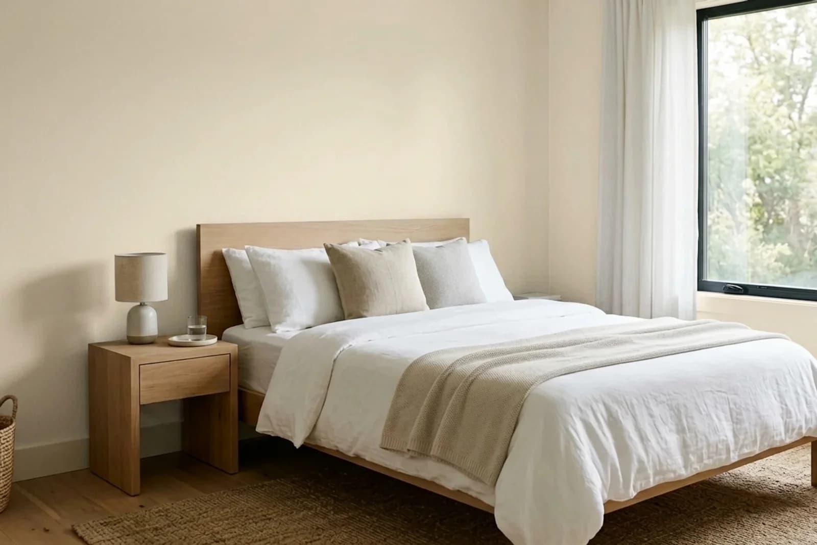 Asian Paints Natural Linen L132 on the walls of a bedroom — AI-assisted visualization