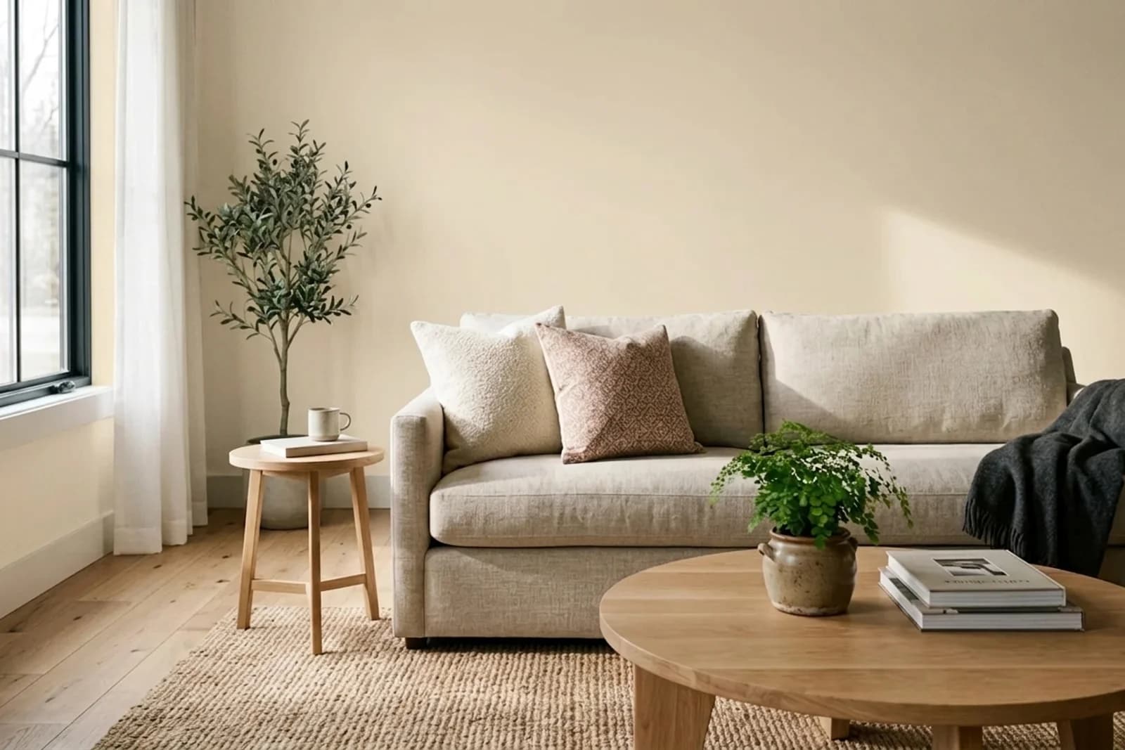 Asian Paints Natural Linen L132 on the walls of a living room — AI-assisted visualization