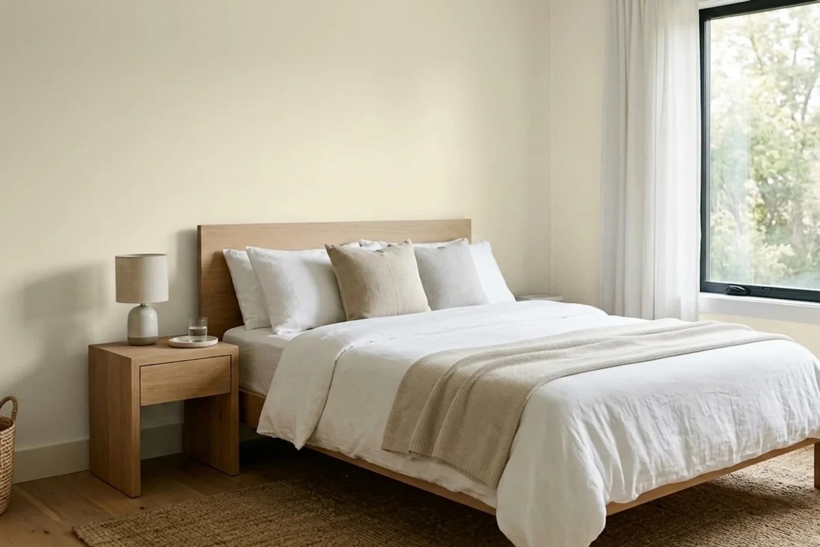 Behr Crisp Linen MQ3-13 on the walls of a bedroom — AI-assisted visualization