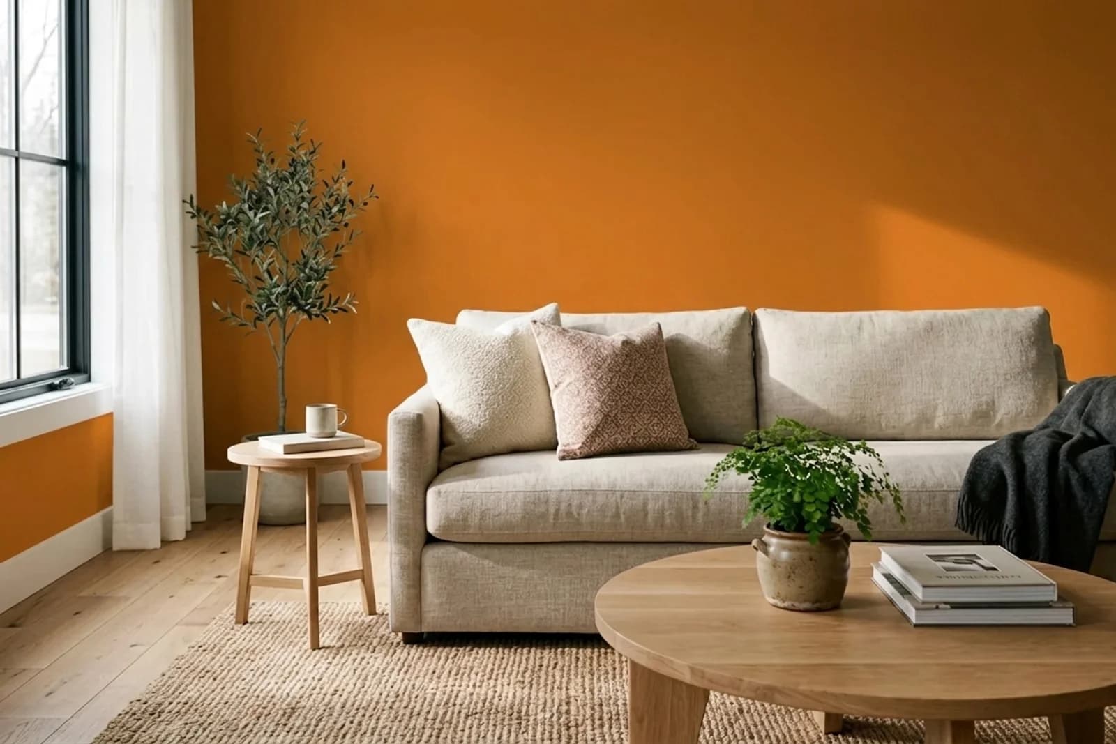 Berger Paints Tuscan Orange 2A0672 on the walls of a living room — AI-assisted visualization