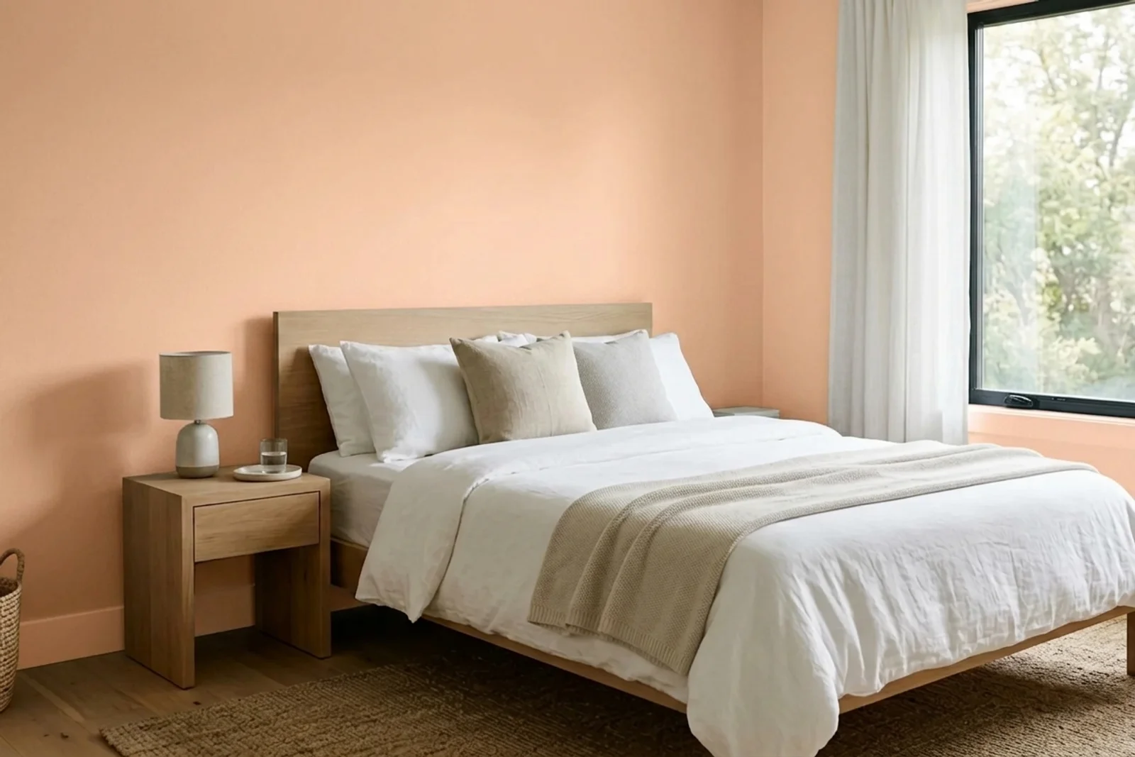 Berger Paints Apricot Mist 2P0625 on the walls of a bedroom — AI-assisted visualization