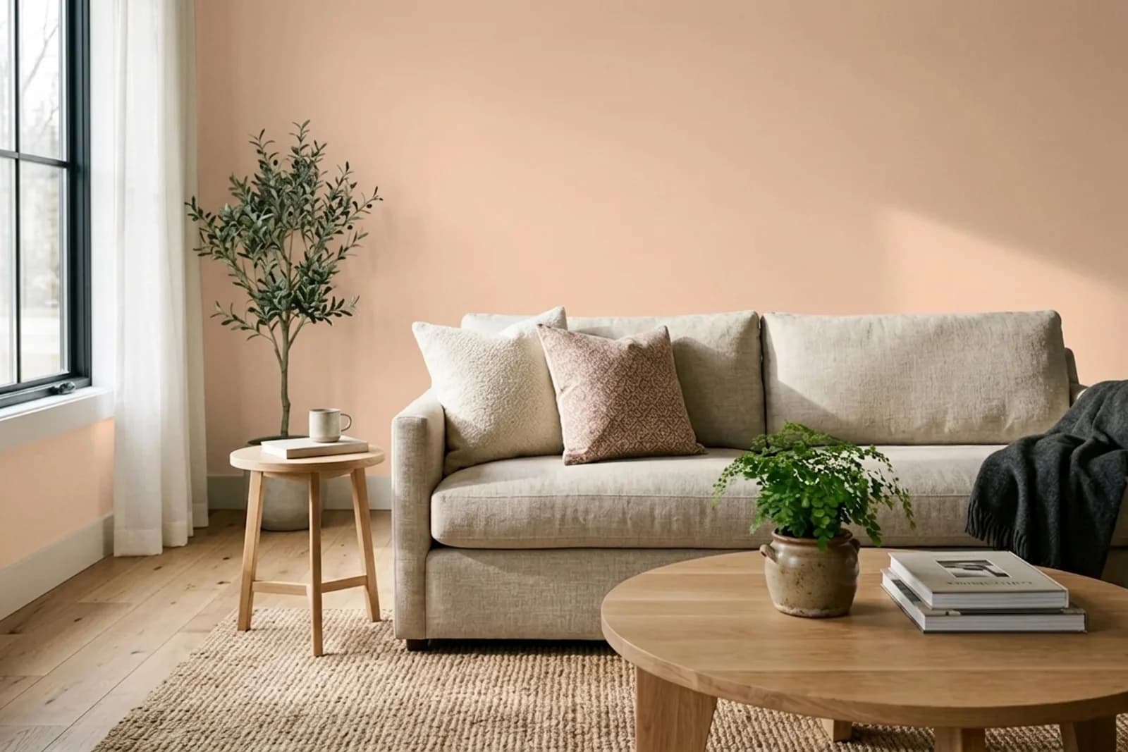 Berger Paints Apricot Mist 2P0625 on the walls of a living room — AI-assisted visualization