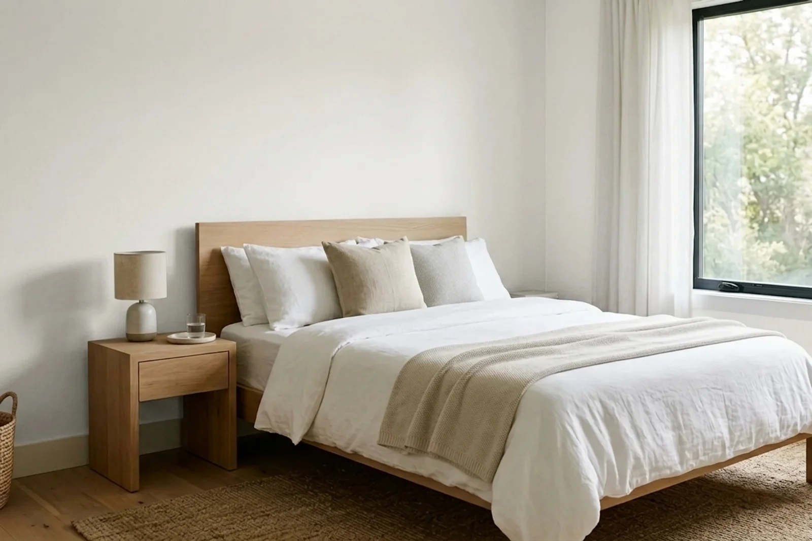 Dulux White Mist 100894 on the walls of a bedroom — AI-assisted visualization