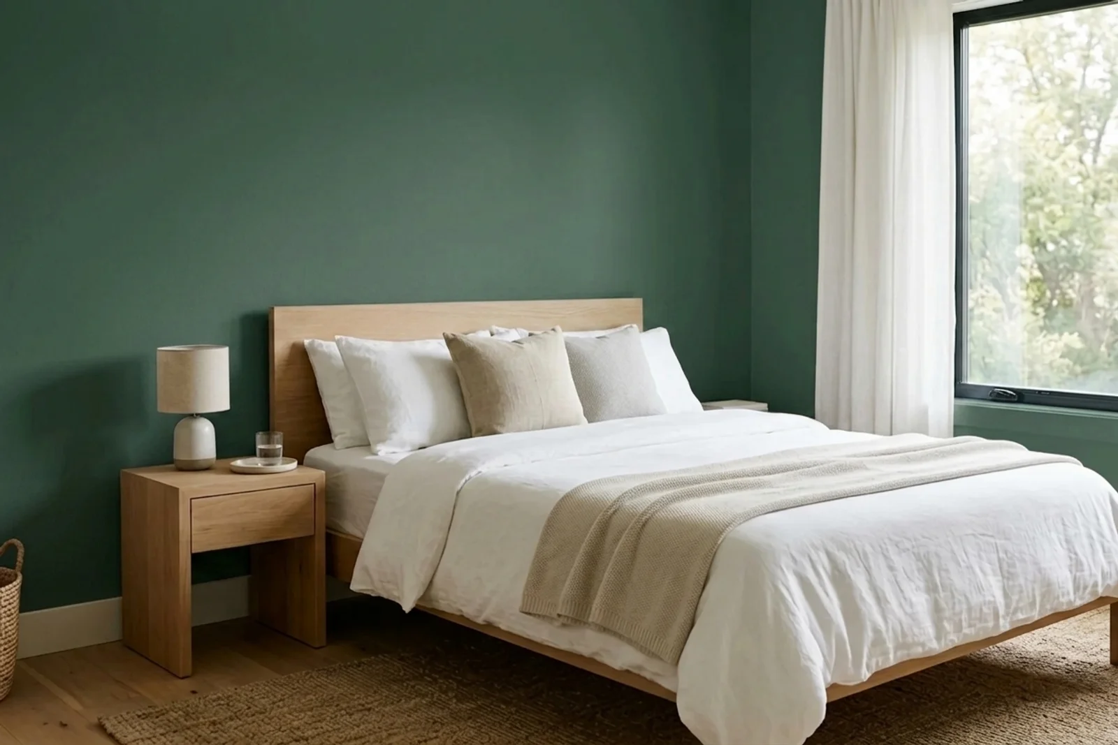 Dulux Highland Green 354249 on the walls of a bedroom — AI-assisted visualization