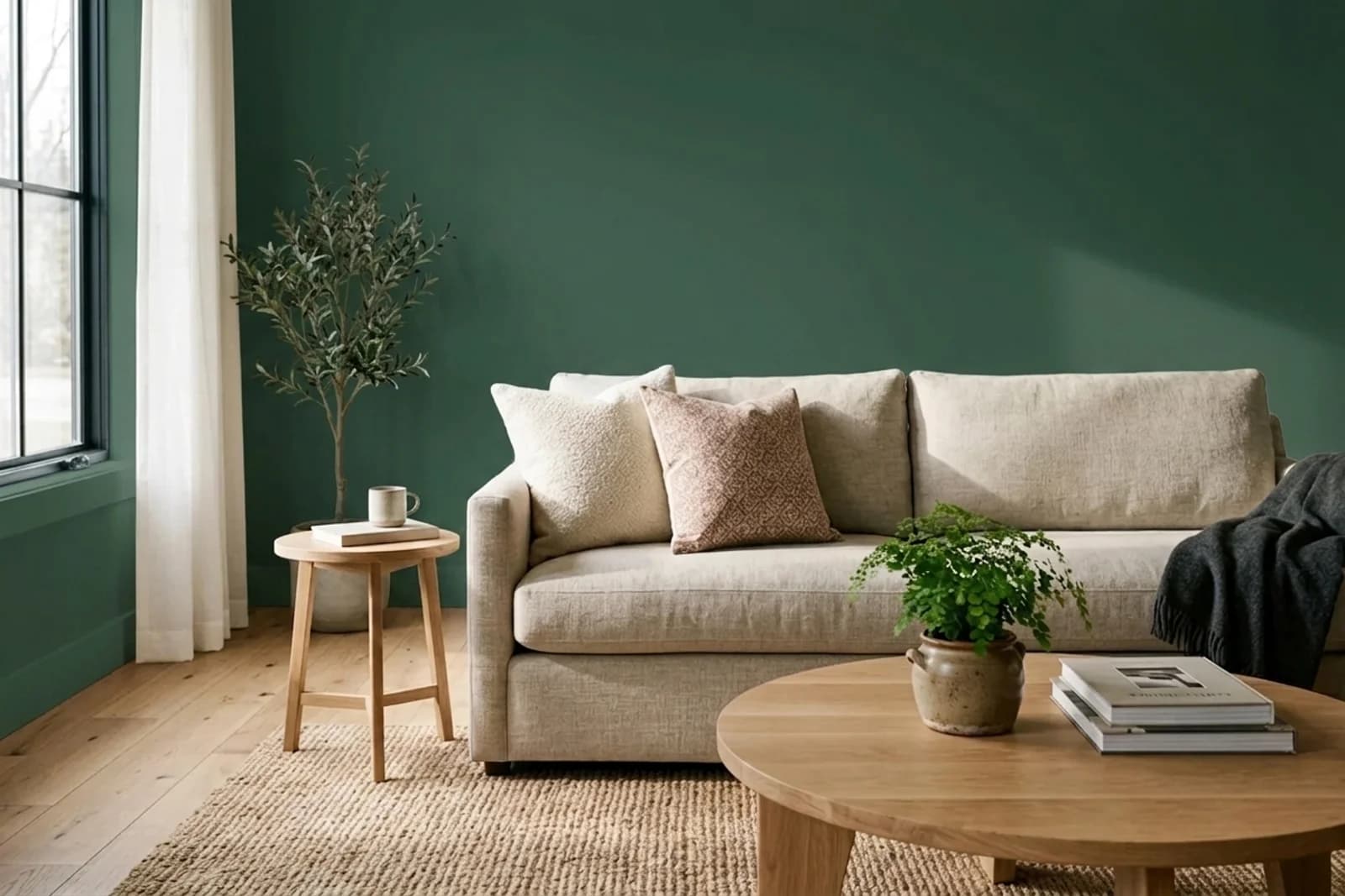 Dulux Highland Green 354249 on the walls of a living room — AI-assisted visualization