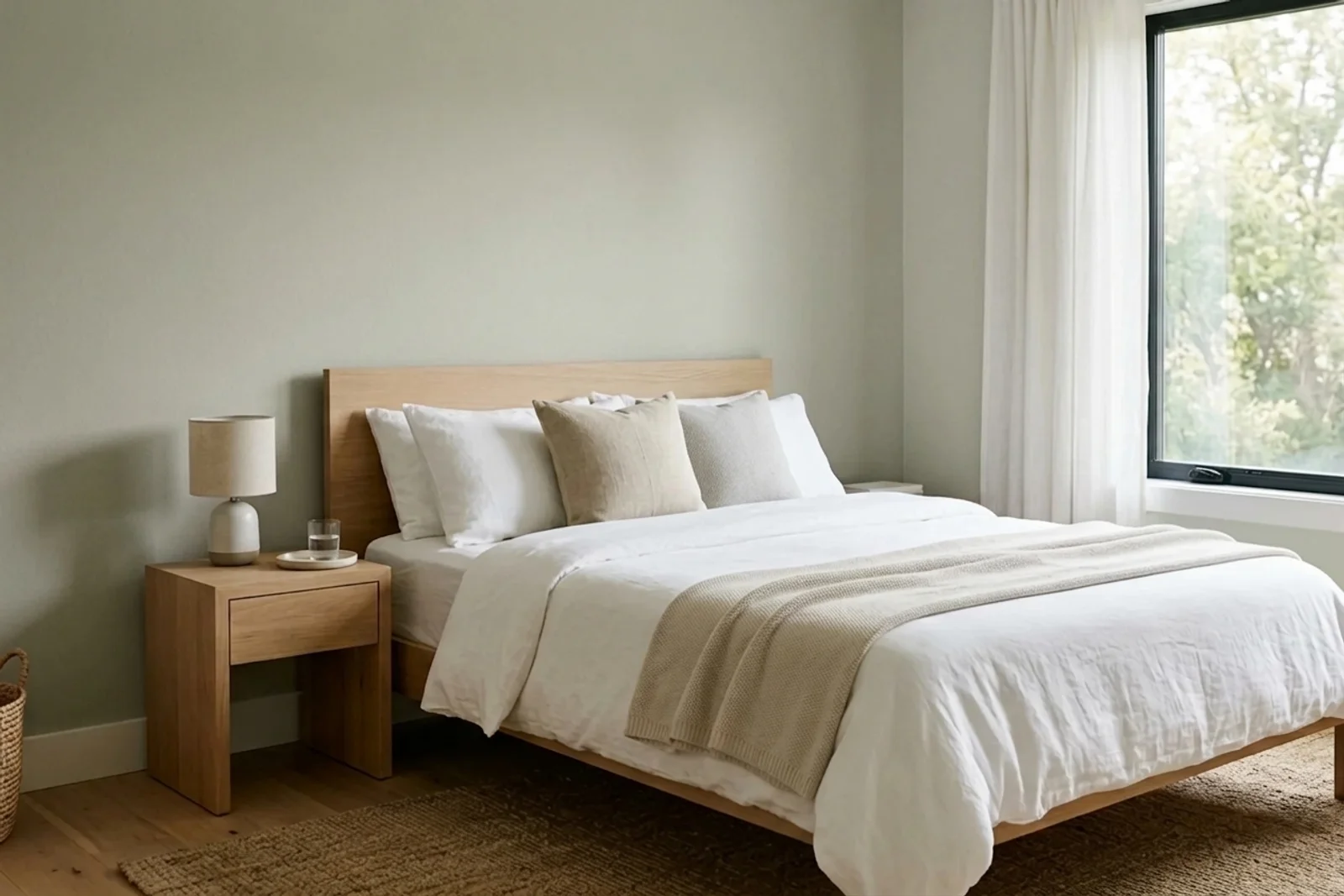 Dulux Australia Wombat Forest SN3H9 on the walls of a bedroom — AI-assisted visualization