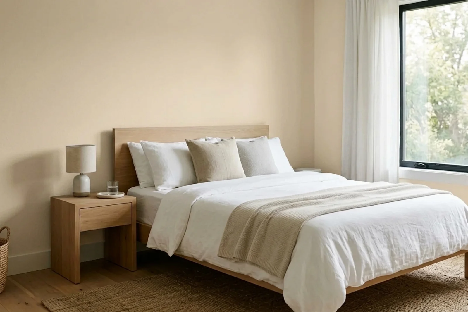 Jotun HUMMUS 12118 on the walls of a bedroom — AI-assisted visualization