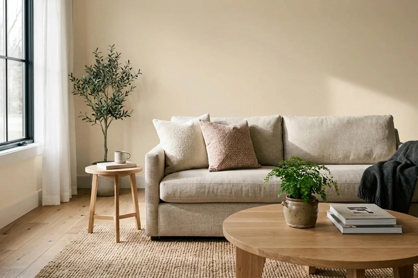 Jotun HUMMUS 12118 on the walls of a living room — AI-assisted visualization