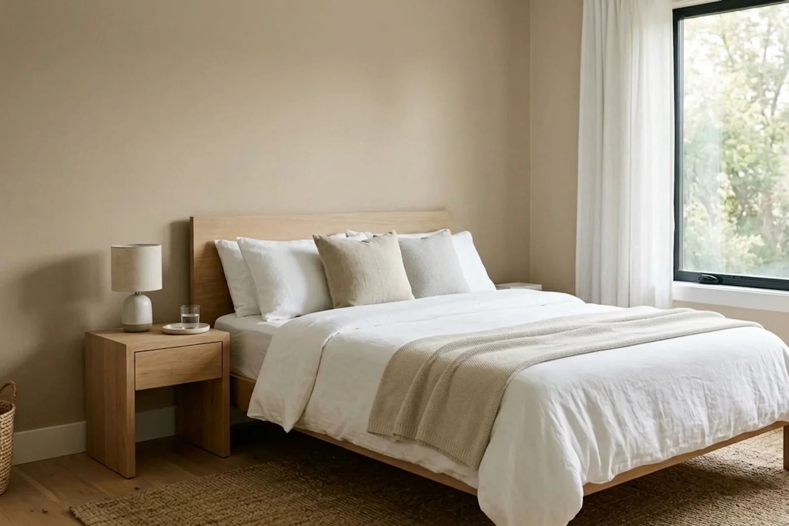 Jotun HAZELNUT BEIGE 12300 on the walls of a bedroom — AI-assisted visualization