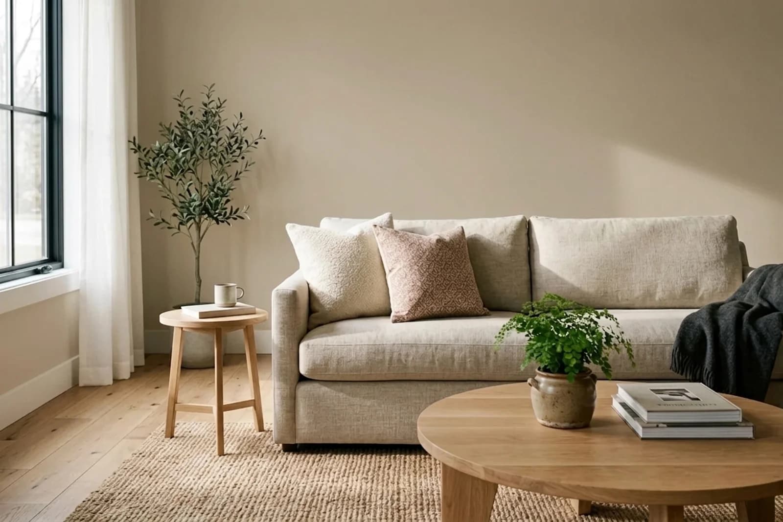 Jotun HAZELNUT BEIGE 12300 on the walls of a living room — AI-assisted visualization