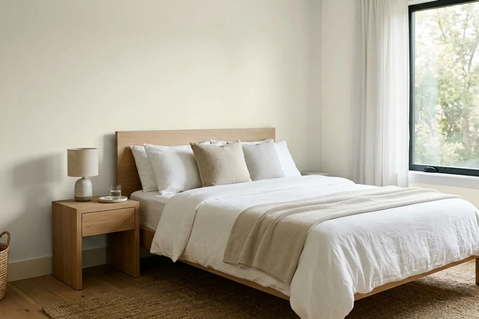 Jotun CHAMPAGNE WHITE 12302 on the walls of a bedroom — AI-assisted visualization