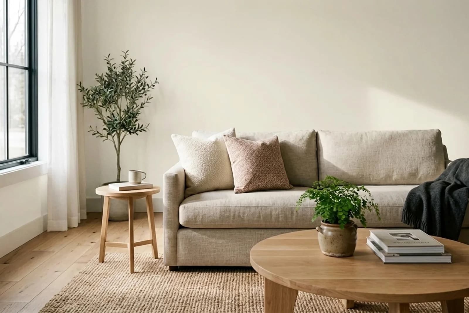 Jotun CHAMPAGNE WHITE 12302 on the walls of a living room — AI-assisted visualization