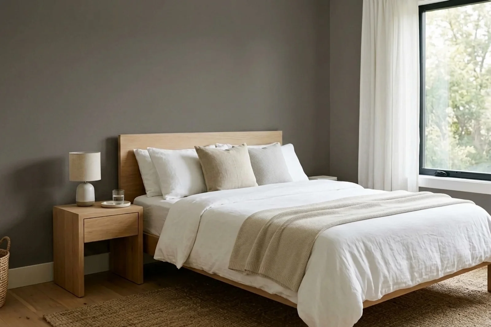 Jotun ELEGANT 1434 on the walls of a bedroom — AI-assisted visualization