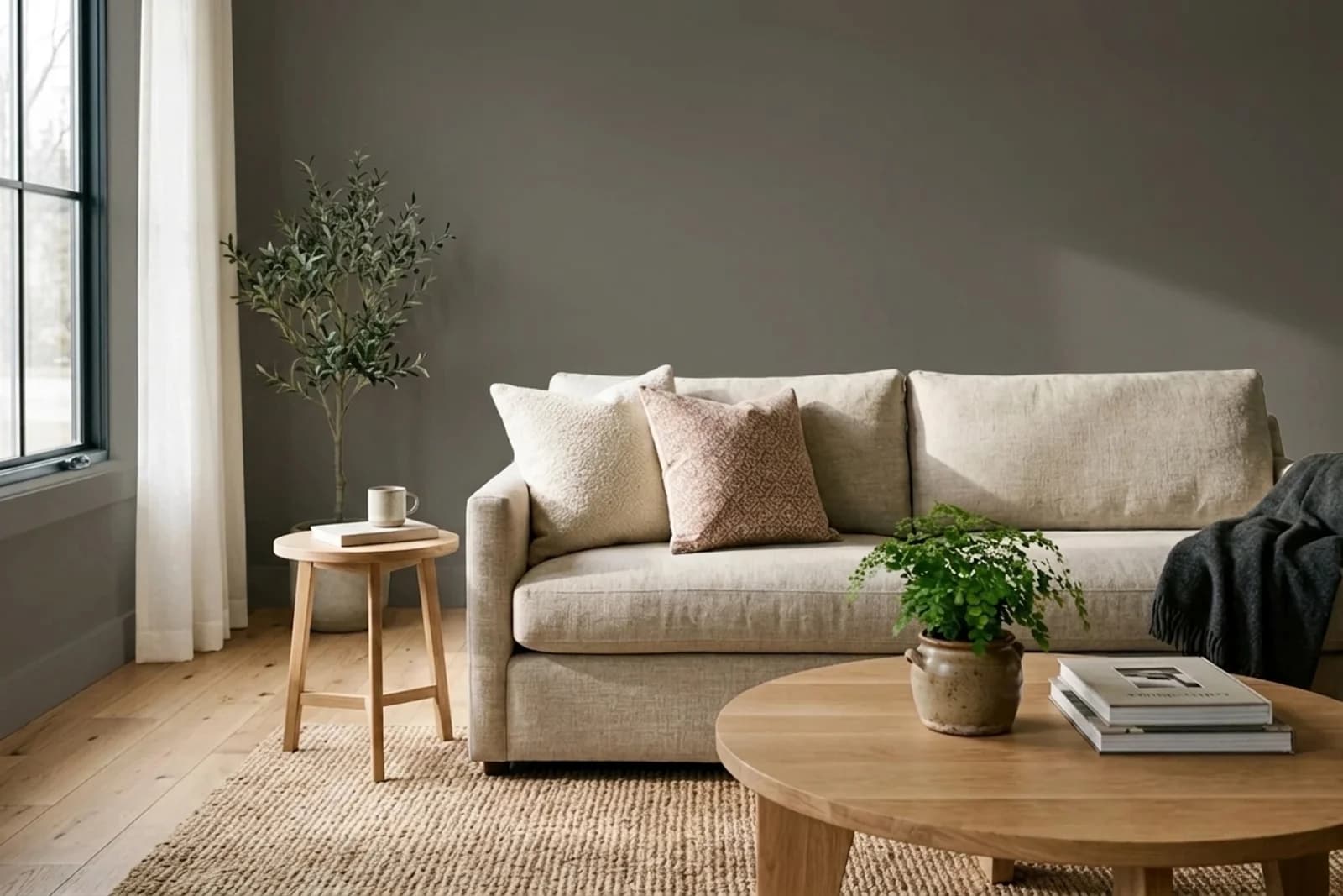 Jotun ELEGANT 1434 on the walls of a living room — AI-assisted visualization