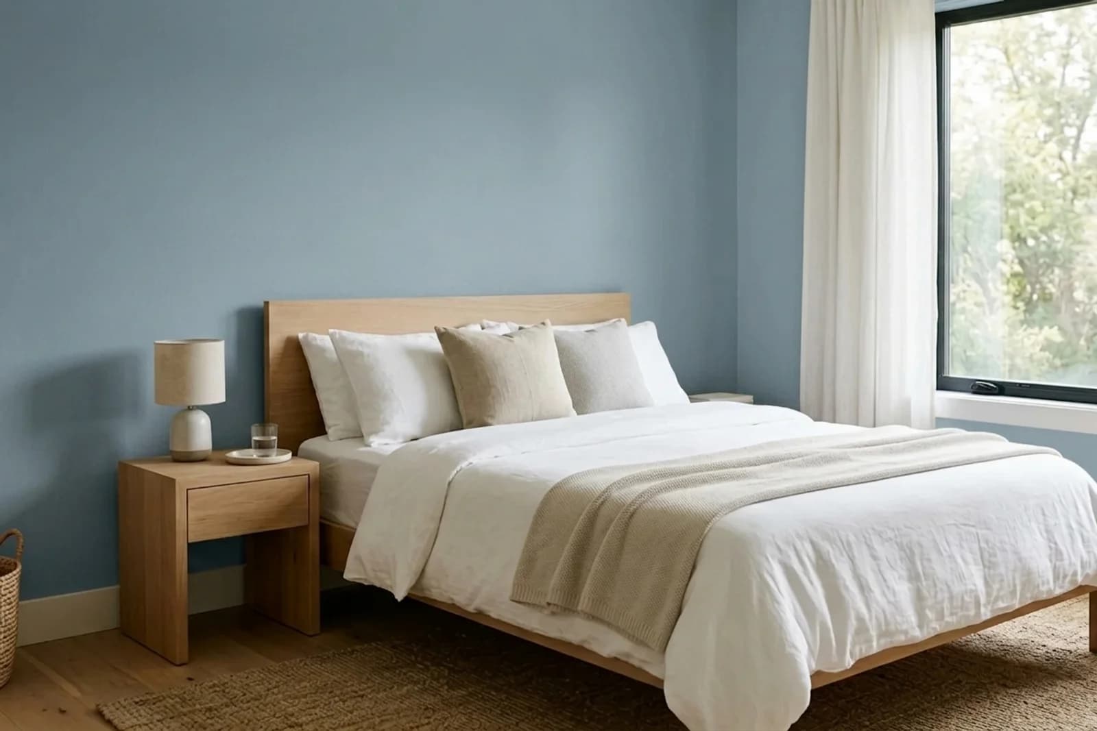 Jotun SAMA 4223 on the walls of a bedroom — AI-assisted visualization
