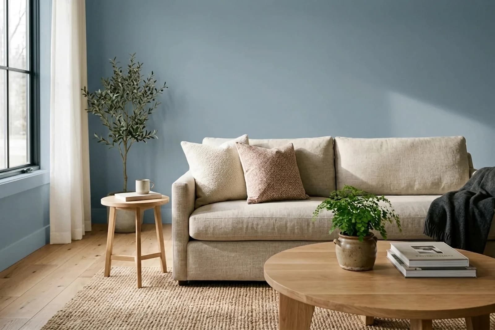 Jotun SAMA 4223 on the walls of a living room — AI-assisted visualization