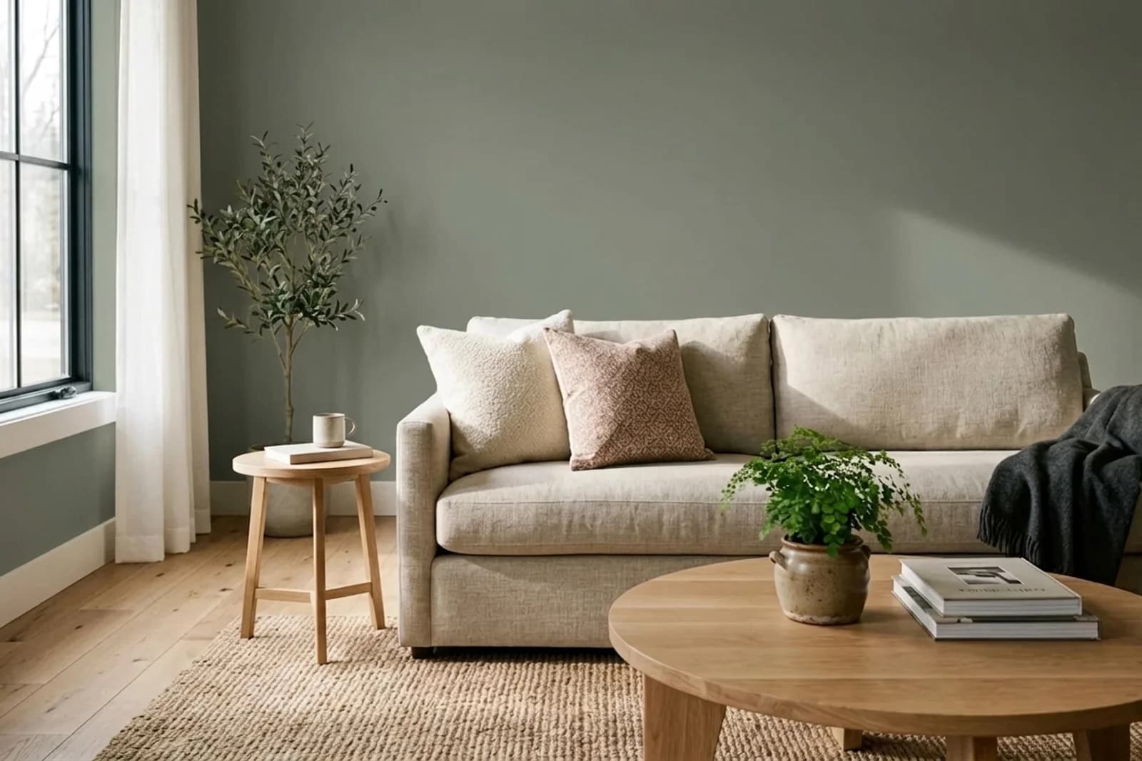 Jotun TREASURE 7628 on the walls of a living room — AI-assisted visualization
