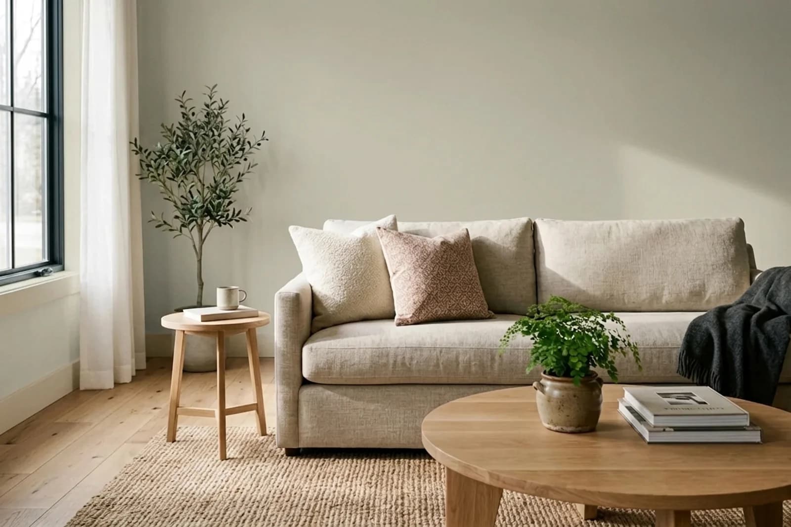 Jotun PALE LINDEN 8281 on the walls of a living room — AI-assisted visualization