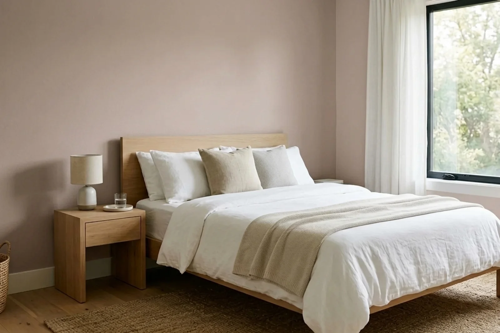 Kelly-Moore Paints Snip Of Tannin KM561-L on the walls of a bedroom — AI-assisted visualization