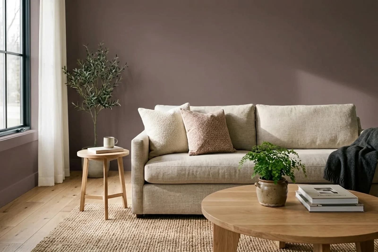 Kelly-Moore Paints Snip Of Tannin KM561-L on the walls of a living room — AI-assisted visualization