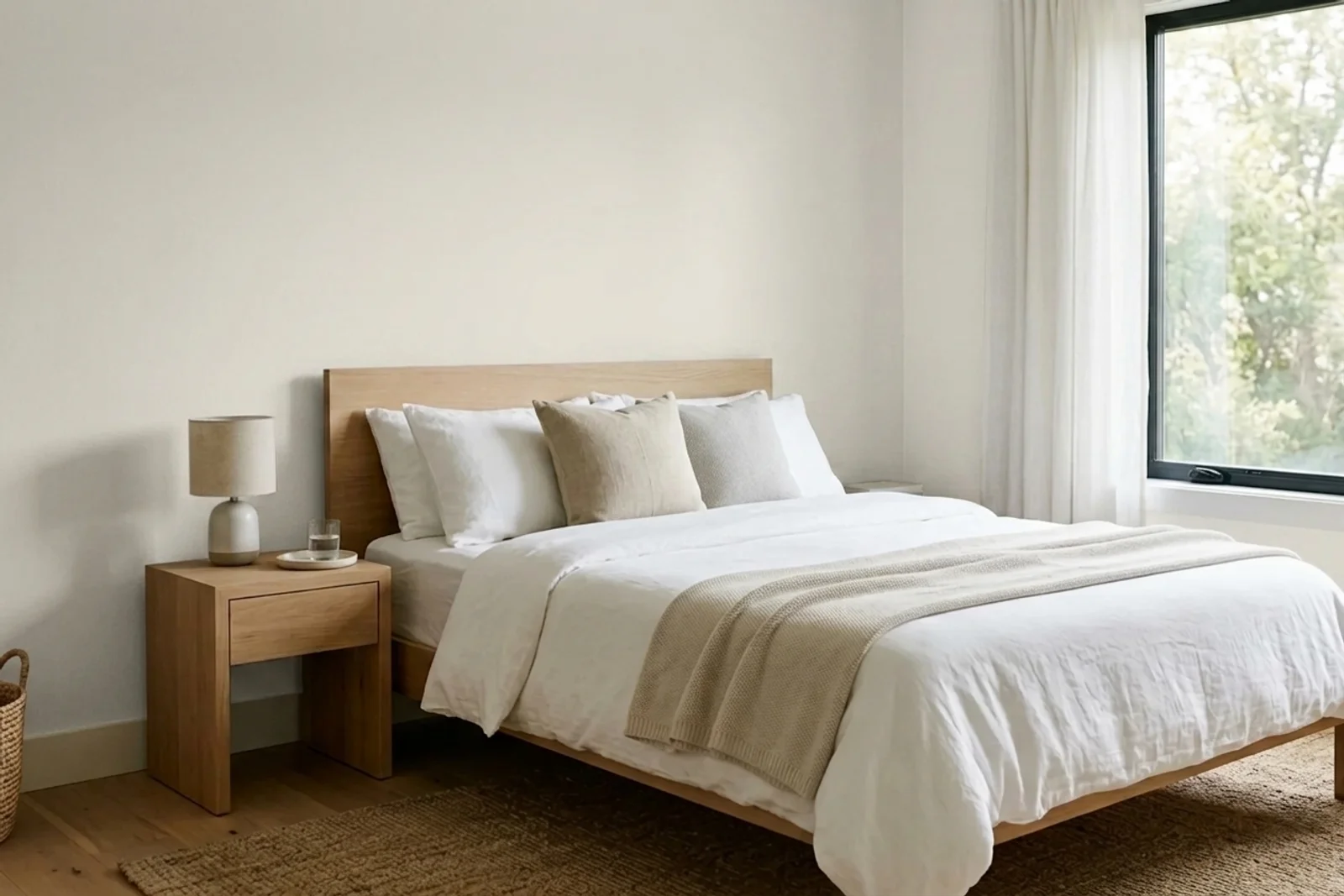Nippon Paint Ash White NP OW 1082P on the walls of a bedroom — AI-assisted visualization
