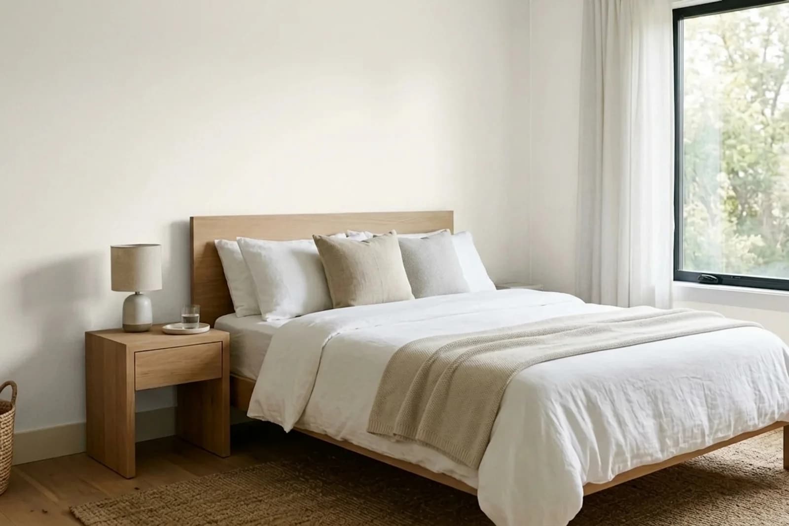 Nippon Paint Snow Flakes NP OW 2210P on the walls of a bedroom — AI-assisted visualization