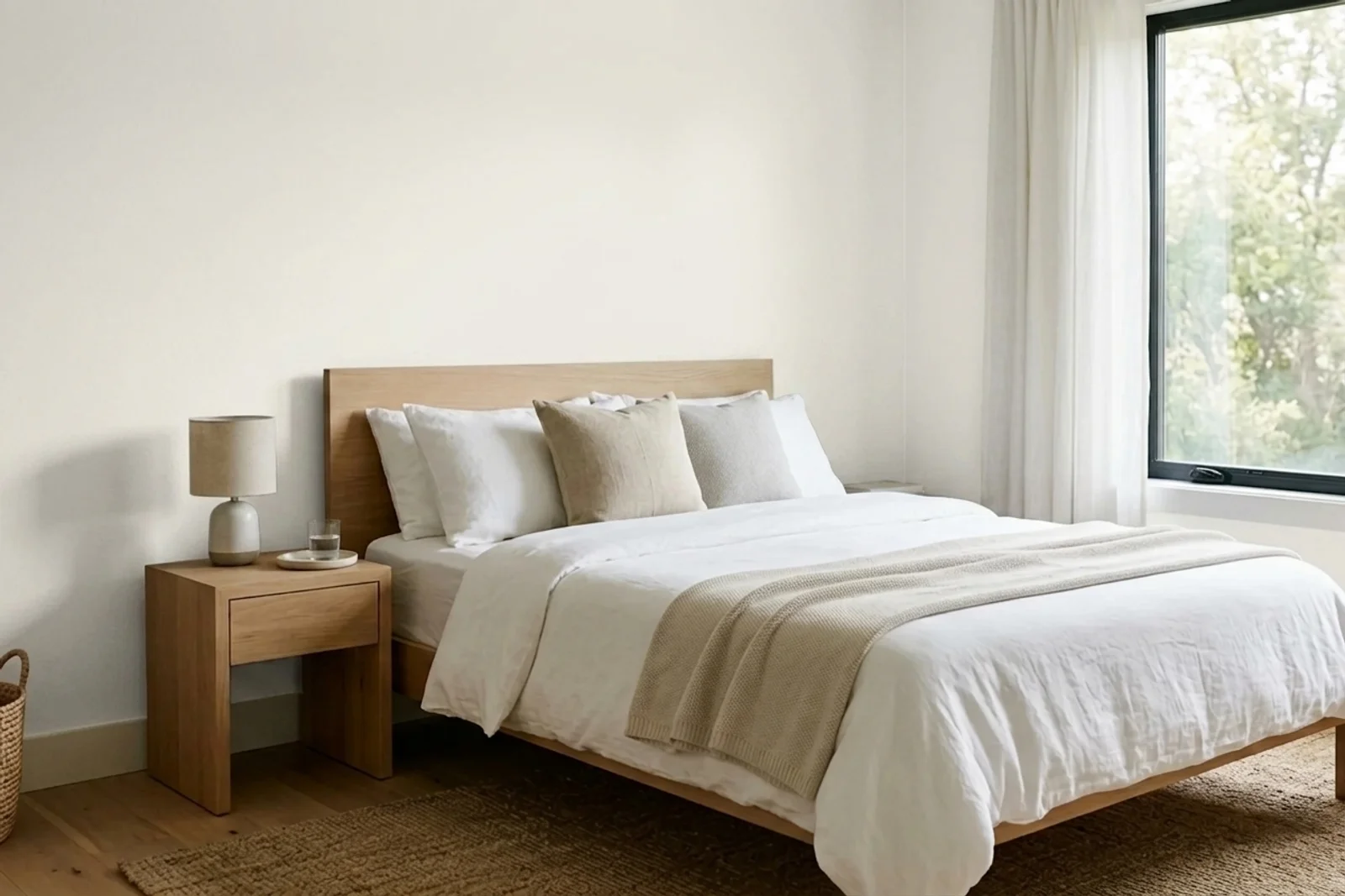 Nippon Paint Sail White NP OW 2215P on the walls of a bedroom — AI-assisted visualization