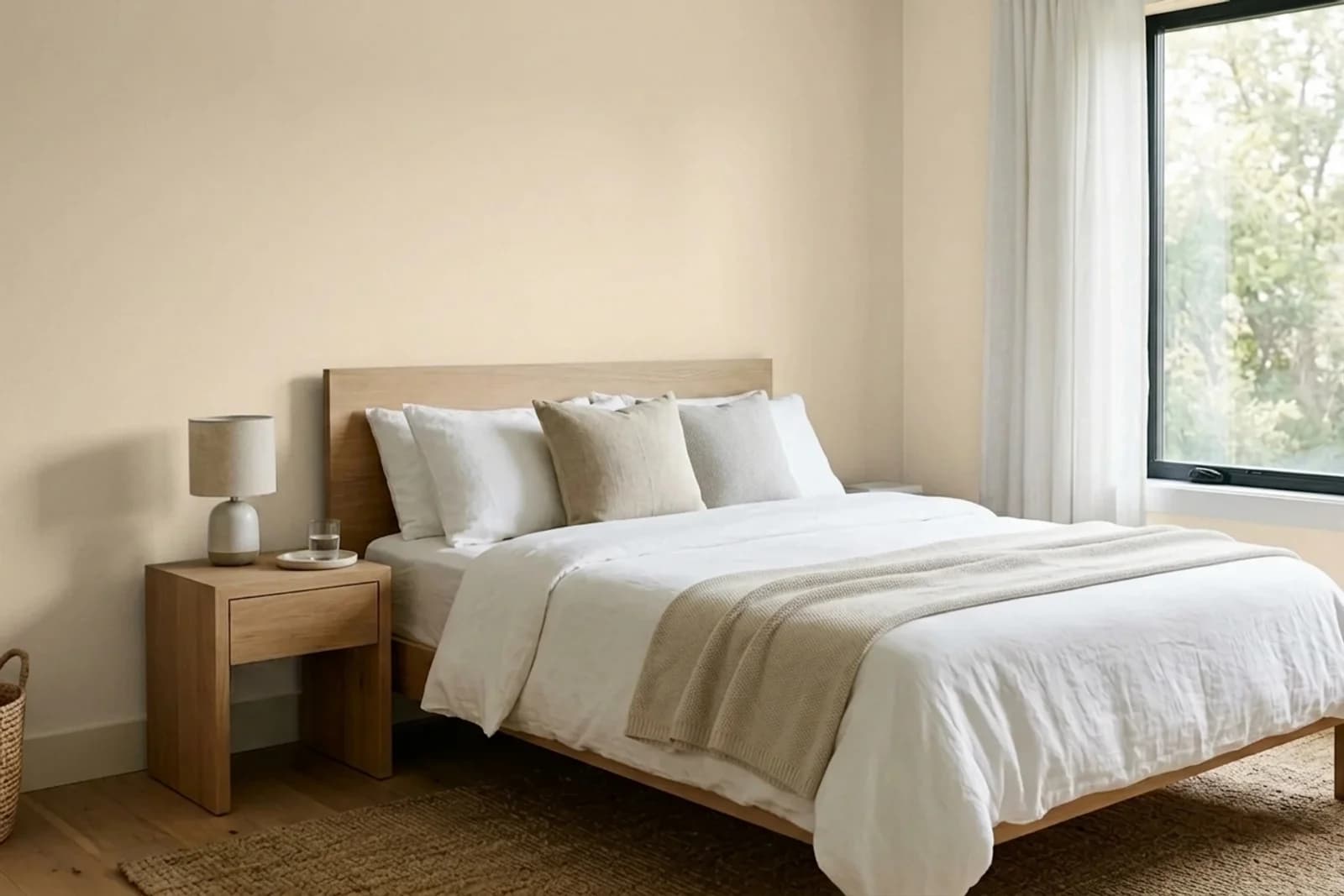 Sherwin-Williams Antique White SW 6119 on the walls of a bedroom — AI-assisted visualization