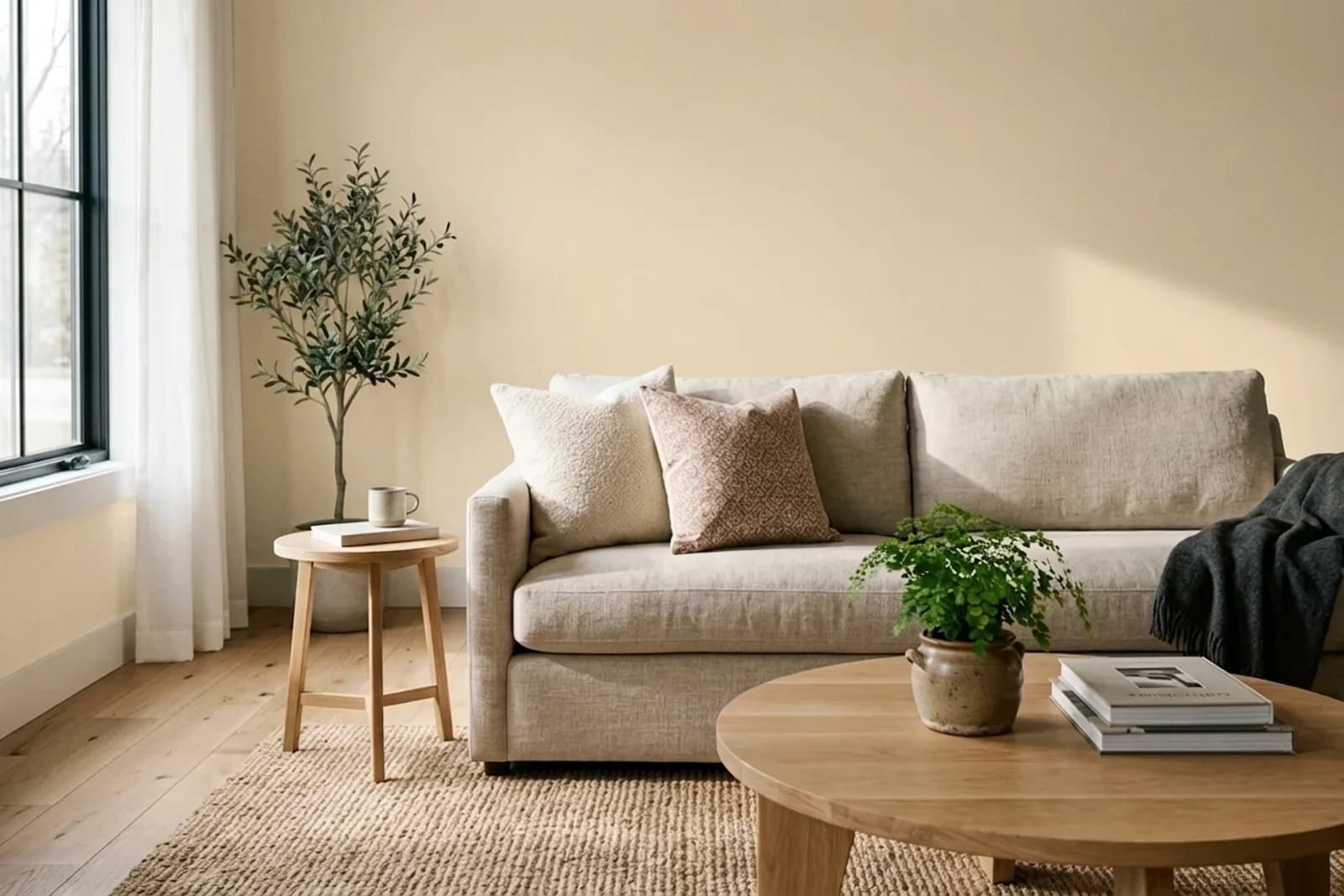 Sherwin-Williams Antique White SW 6119 on the walls of a living room — AI-assisted visualization