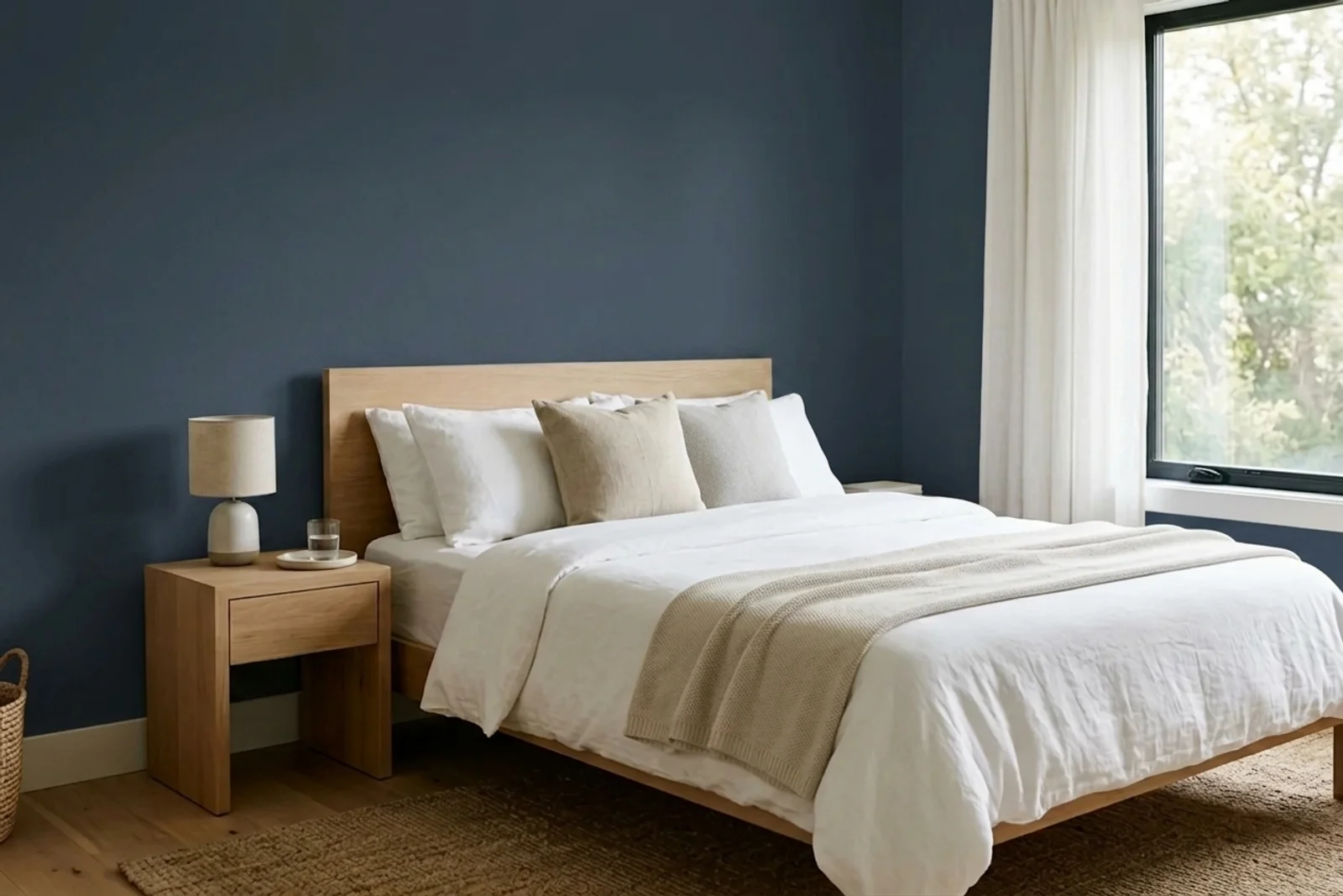 Sherwin-Williams Naval SW 6244 on the walls of a bedroom — AI-assisted visualization