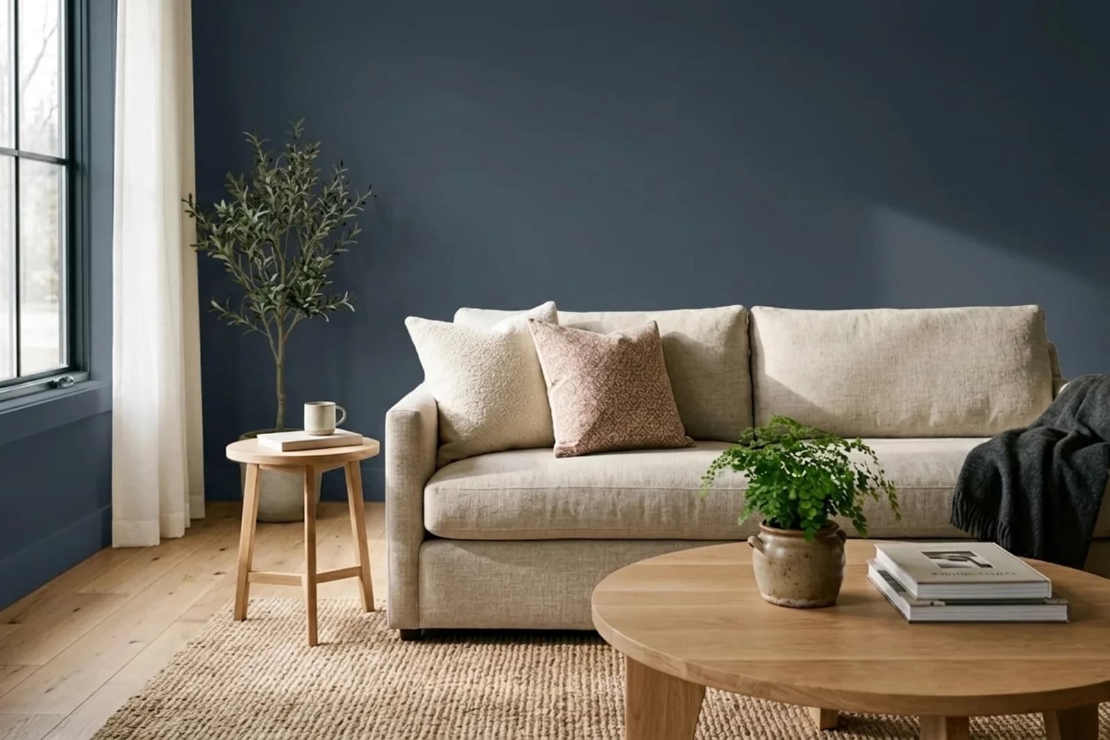 Sherwin-Williams Naval SW 6244 on the walls of a living room — AI-assisted visualization