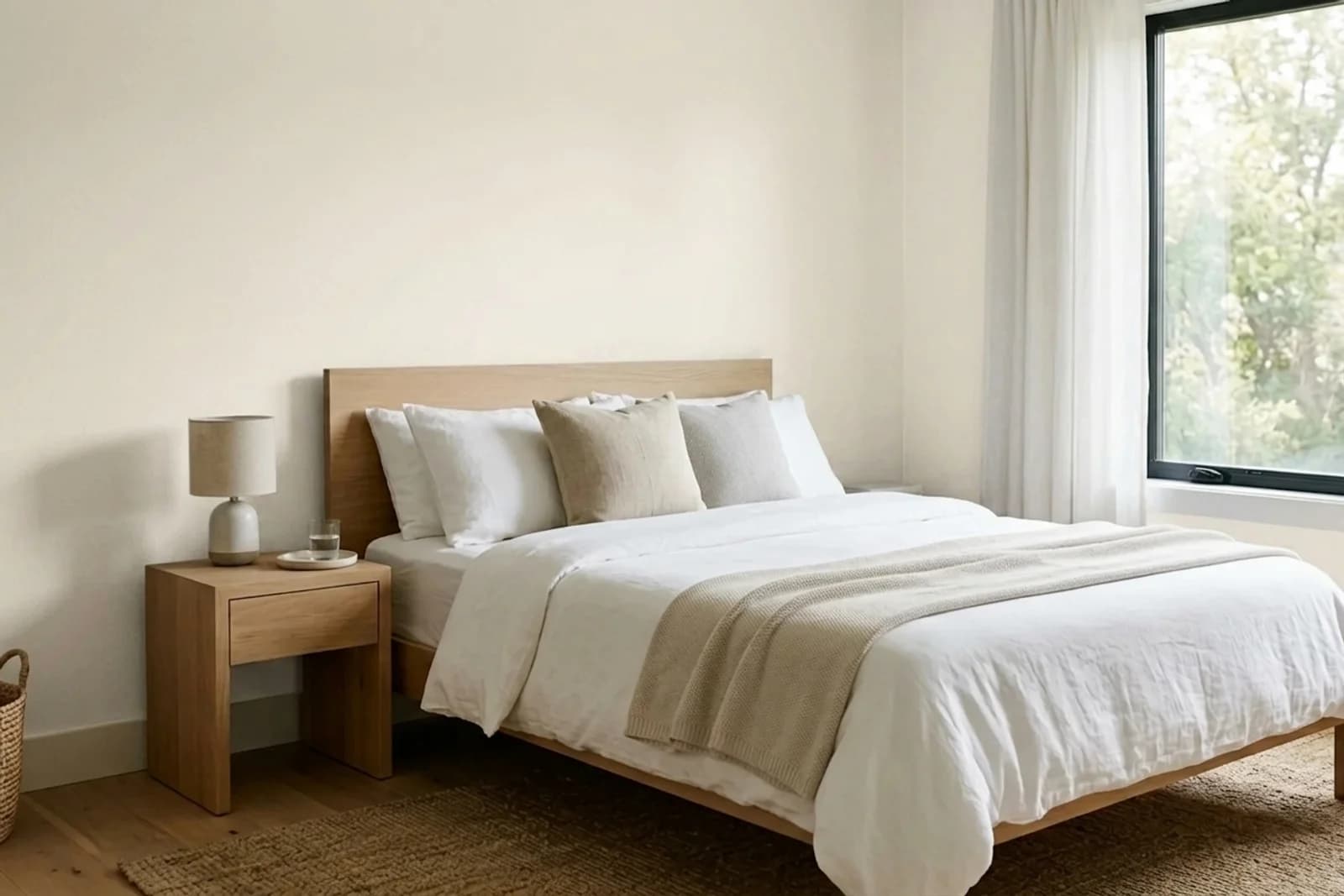 Sherwin-Williams Creamy SW 7012 on the walls of a bedroom — AI-assisted visualization