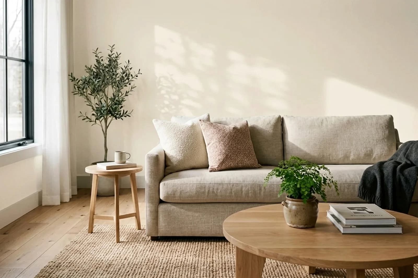 Sherwin-Williams Creamy SW 7012 on the walls of a living room — AI-assisted visualization