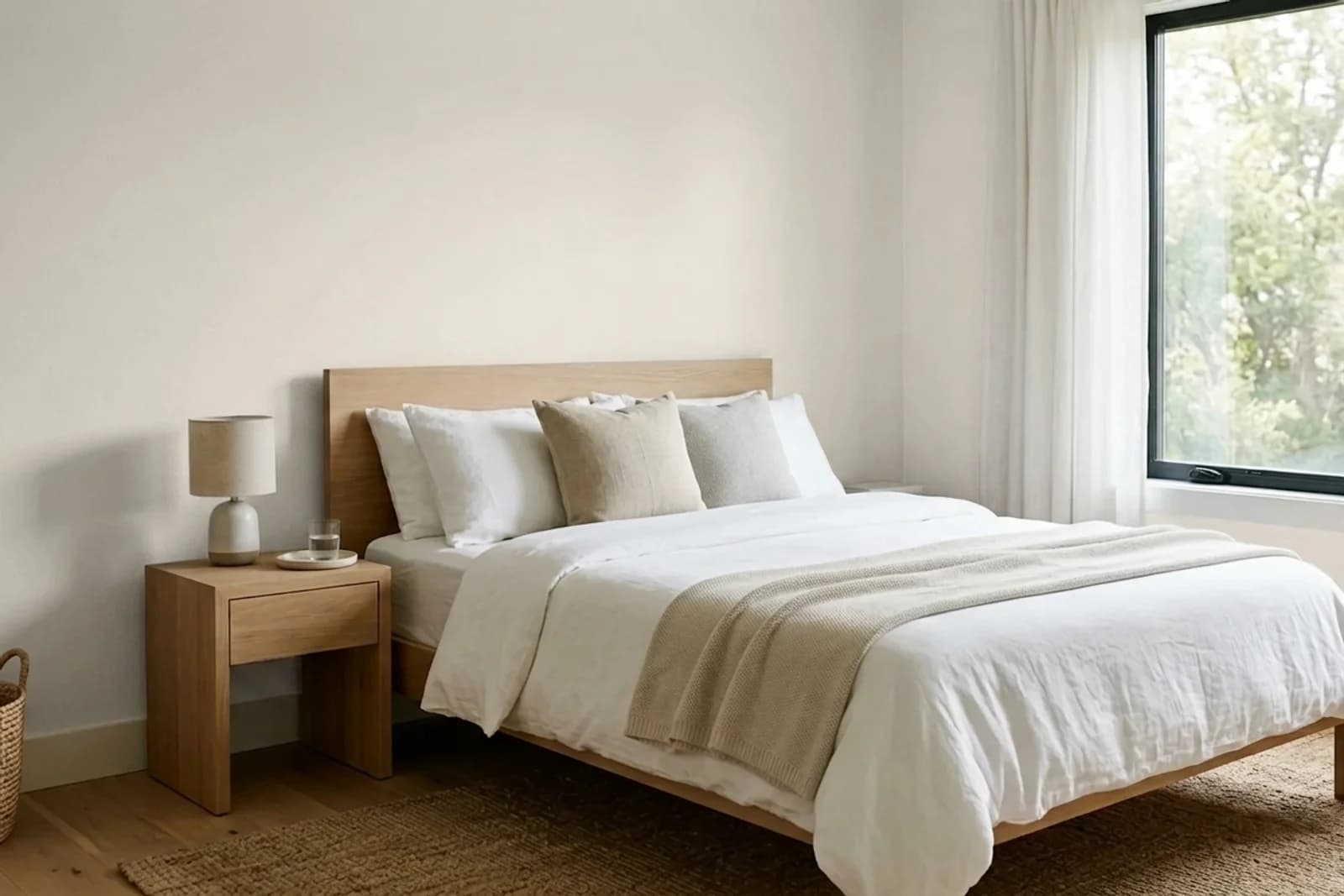 Sherwin-Williams Eider White SW 7014 on the walls of a bedroom — AI-assisted visualization